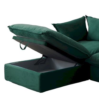U-shaped Velvet Cloud Sectional Sofa, Down Feather Wide Deep Seat Convertible Couch with 2 Storage Ottomans.