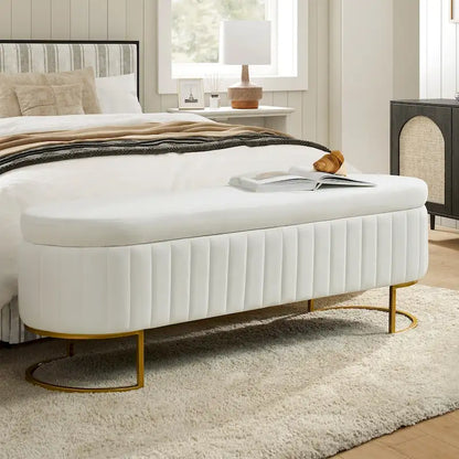 Sara Mid-Century Modern Upholstered Storage Bench Internal Grid With Metal Legs by HULALA HOME