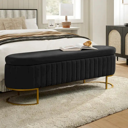 Sara Mid-Century Modern Upholstered Storage Bench Internal Grid With Metal Legs by HULALA HOME