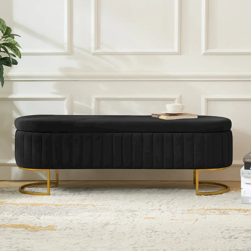 Sara Mid-Century Modern Upholstered Storage Bench Internal Grid With Metal Legs by HULALA HOME
