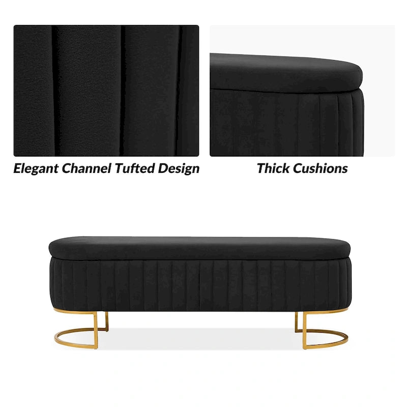 Sara Mid-Century Modern Upholstered Storage Bench Internal Grid With Metal Legs by HULALA HOME