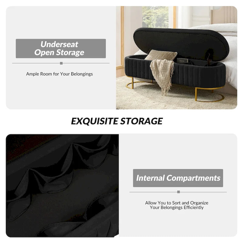 Sara Mid-Century Modern Upholstered Storage Bench Internal Grid With Metal Legs by HULALA HOME