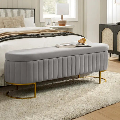 Sara Mid-Century Modern Upholstered Storage Bench Internal Grid With Metal Legs by HULALA HOME