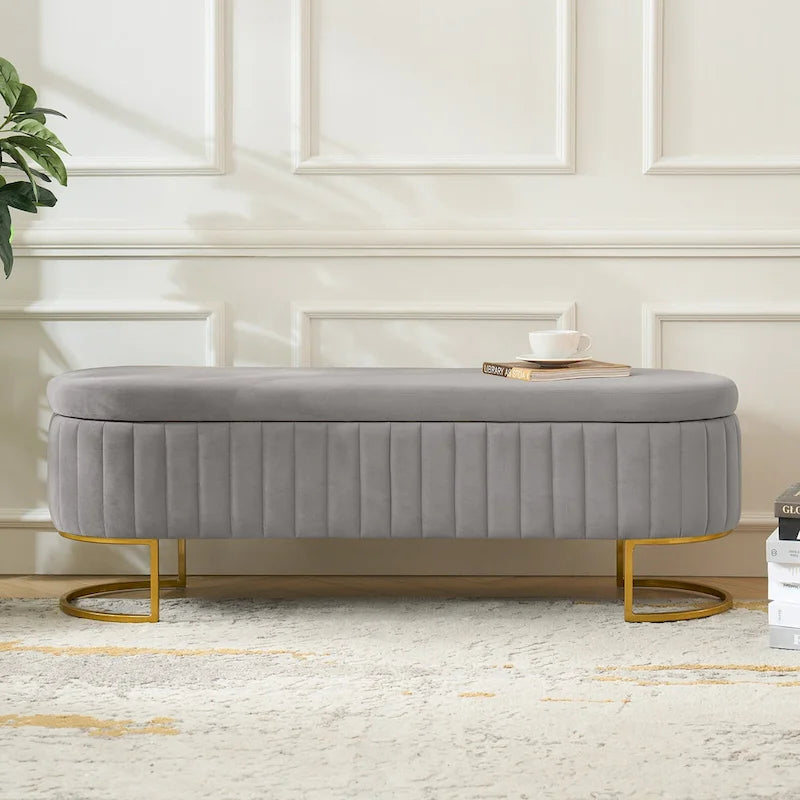 Sara Mid-Century Modern Upholstered Storage Bench Internal Grid With Metal Legs by HULALA HOME