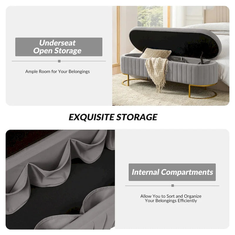 Sara Mid-Century Modern Upholstered Storage Bench Internal Grid With Metal Legs by HULALA HOME