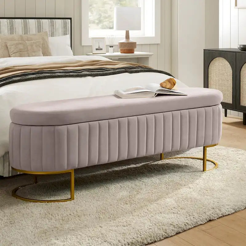 Sara Mid-Century Modern Upholstered Storage Bench Internal Grid With Metal Legs by HULALA HOME