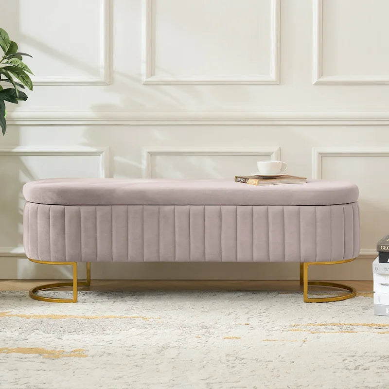 Sara Mid-Century Modern Upholstered Storage Bench Internal Grid With Metal Legs by HULALA HOME
