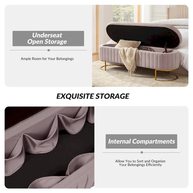 Sara Mid-Century Modern Upholstered Storage Bench Internal Grid With Metal Legs by HULALA HOME