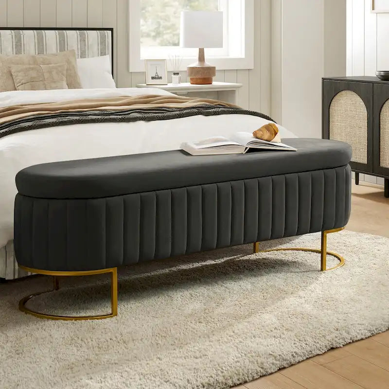 Sara Mid-Century Modern Upholstered Storage Bench Internal Grid With Metal Legs by HULALA HOME