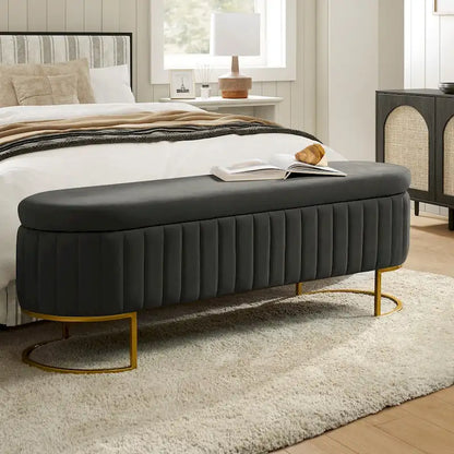 Sara Mid-Century Modern Upholstered Storage Bench Internal Grid With Metal Legs by HULALA HOME