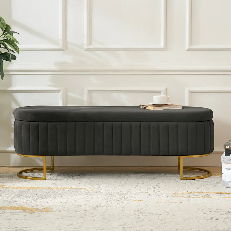 Sara Mid-Century Modern Upholstered Storage Bench Internal Grid With Metal Legs by HULALA HOME