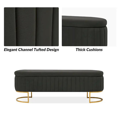 Sara Mid-Century Modern Upholstered Storage Bench Internal Grid With Metal Legs by HULALA HOME