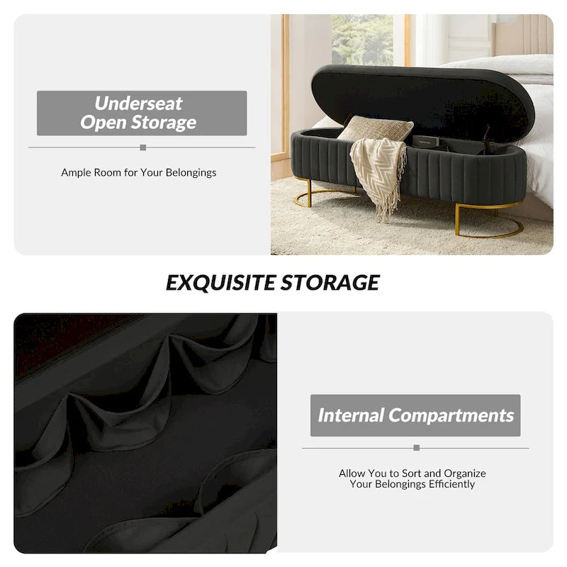 Sara Mid-Century Modern Upholstered Storage Bench Internal Grid With Metal Legs by HULALA HOME