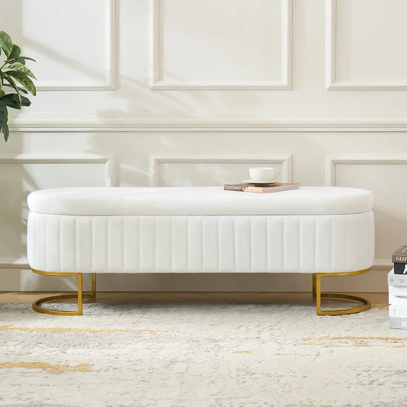 Sara Mid-Century Modern Upholstered Storage Bench Internal Grid With Metal Legs by HULALA HOME