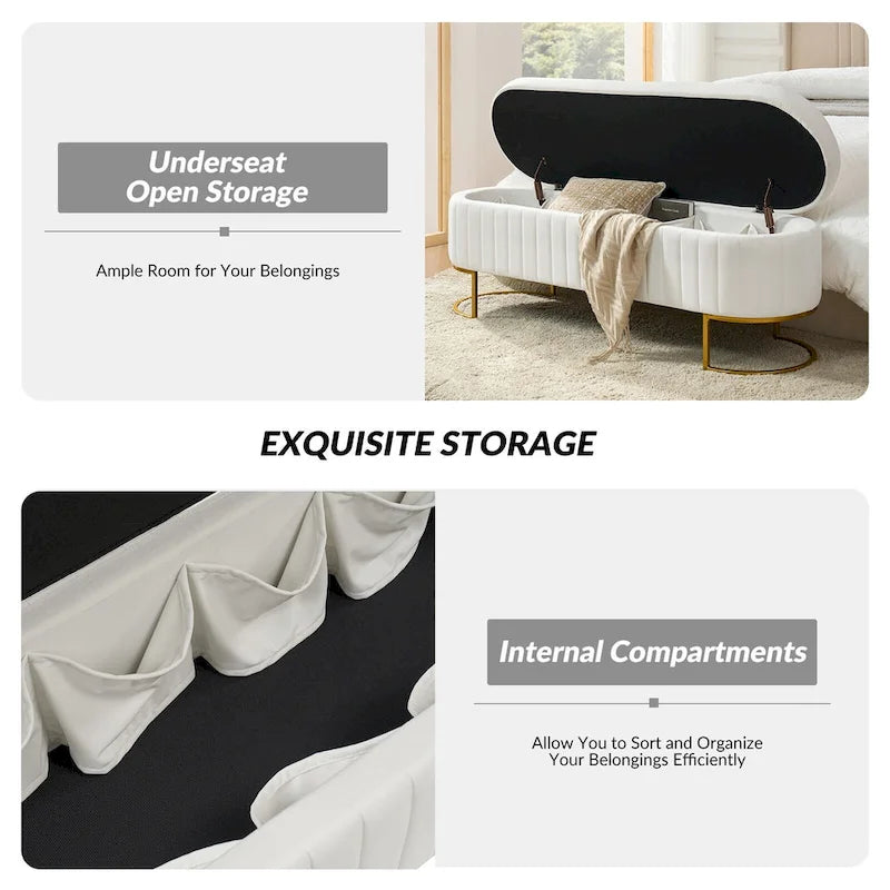 Sara Mid-Century Modern Upholstered Storage Bench Internal Grid With Metal Legs by HULALA HOME