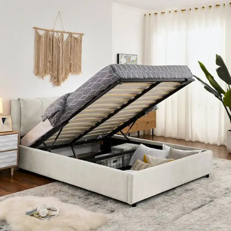 Queen Size Upholstered Hydraulic Platform Bed with Integrated Headboard