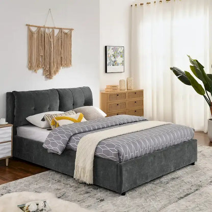 Queen Size Upholstered Hydraulic Platform Bed with Integrated Headboard