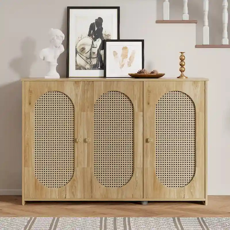 Rattan Doors and Metal Handles Sideboard with Large Storage Space