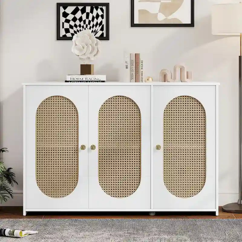 Rattan Doors and Metal Handles Sideboard with Large Storage Space