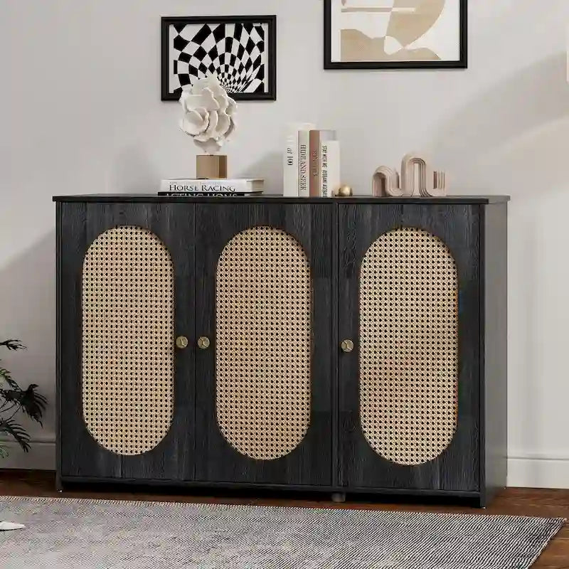 Rattan Doors and Metal Handles Sideboard with Large Storage Space