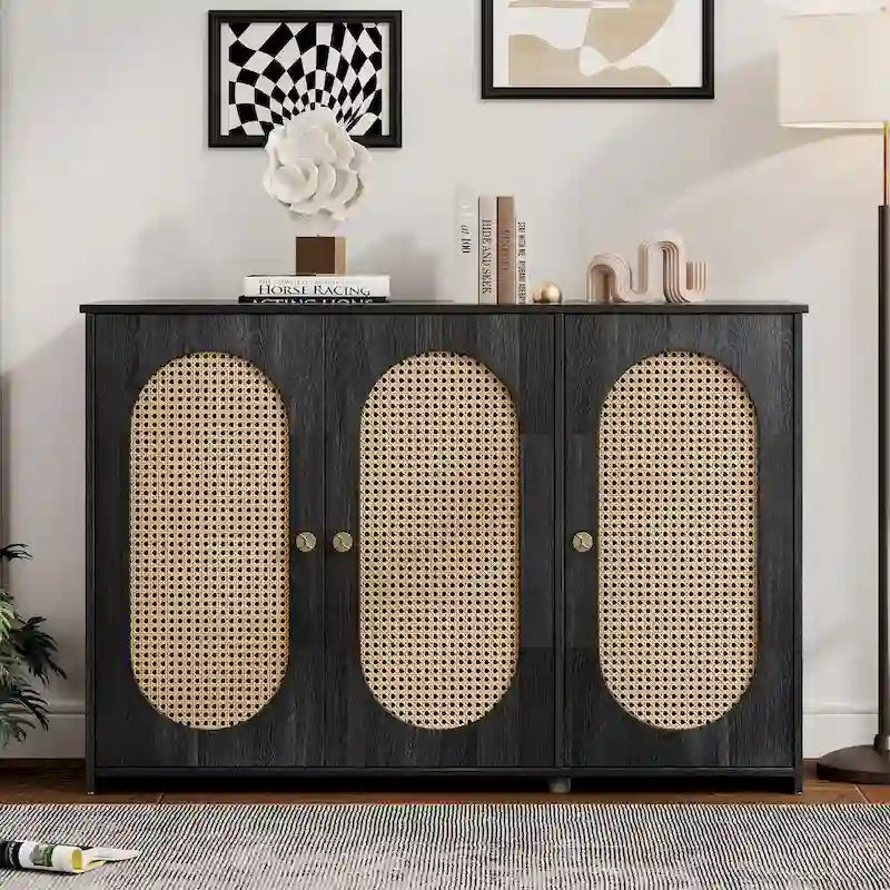 Rattan Doors and Metal Handles Sideboard with Large Storage Space