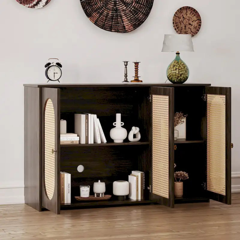 Rattan Doors and Metal Handles Sideboard with Large Storage Space