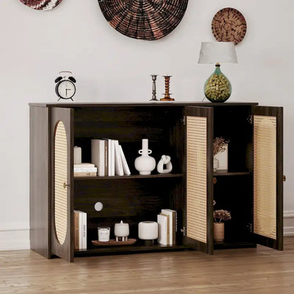 Rattan Doors and Metal Handles Sideboard with Large Storage Space