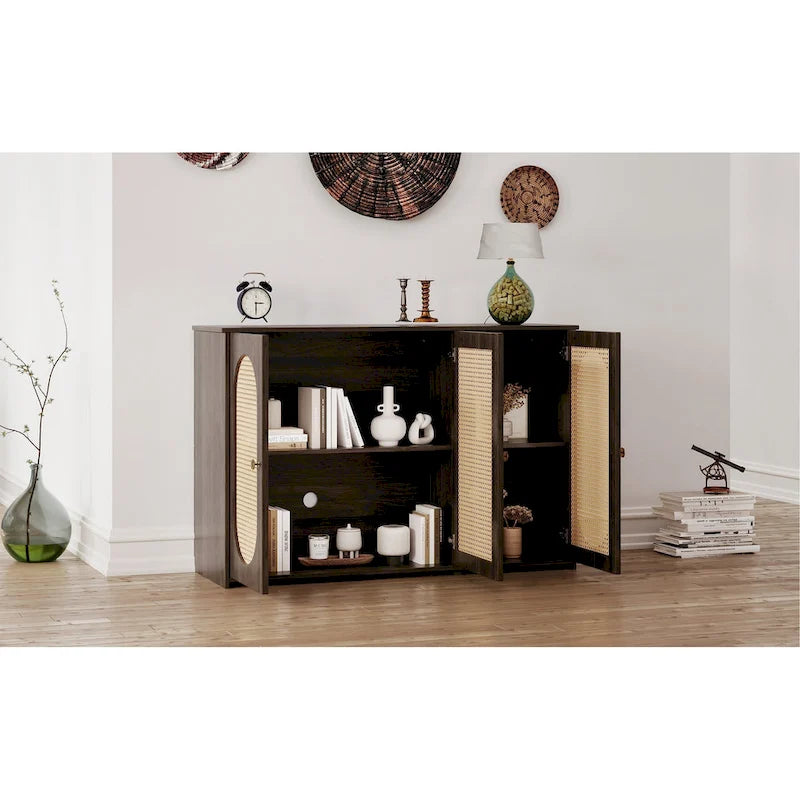 Rattan Doors and Metal Handles Sideboard with Large Storage Space