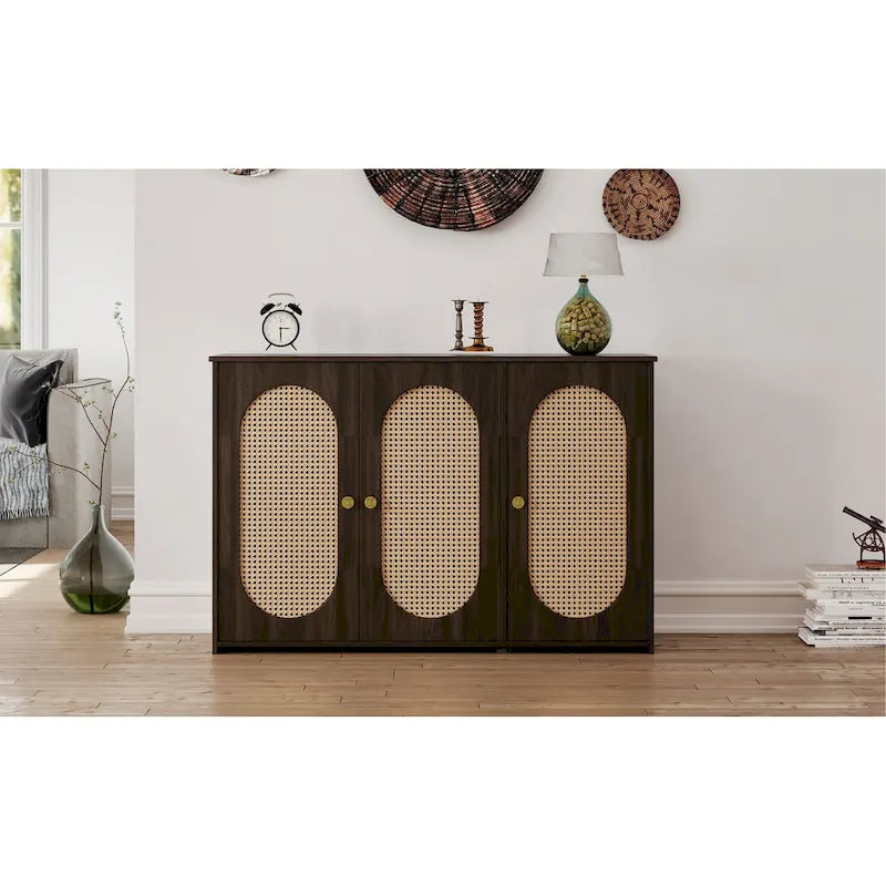 Rattan Doors and Metal Handles Sideboard with Large Storage Space