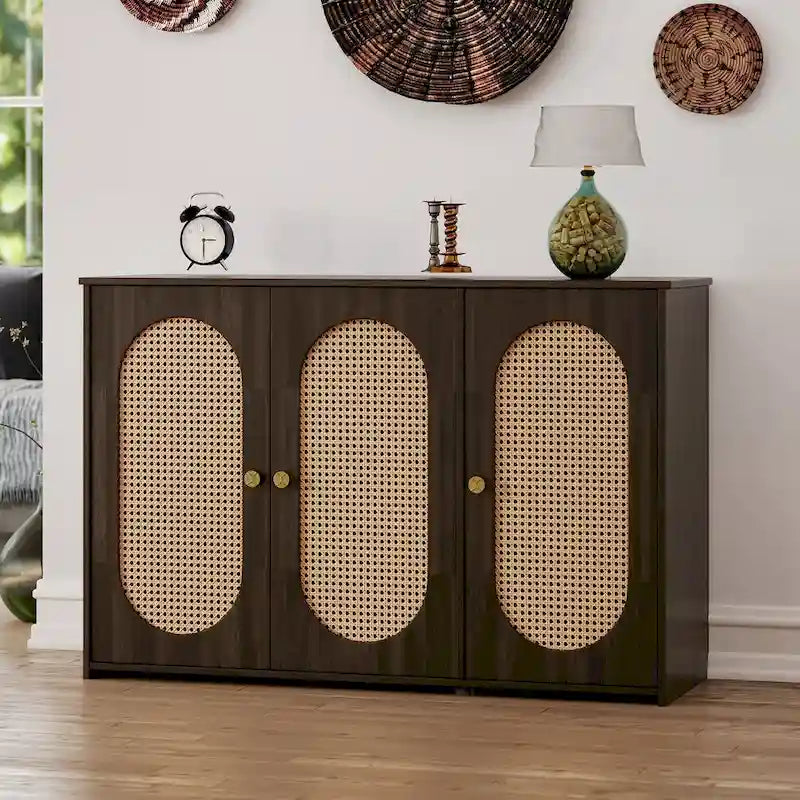 Rattan Doors and Metal Handles Sideboard with Large Storage Space