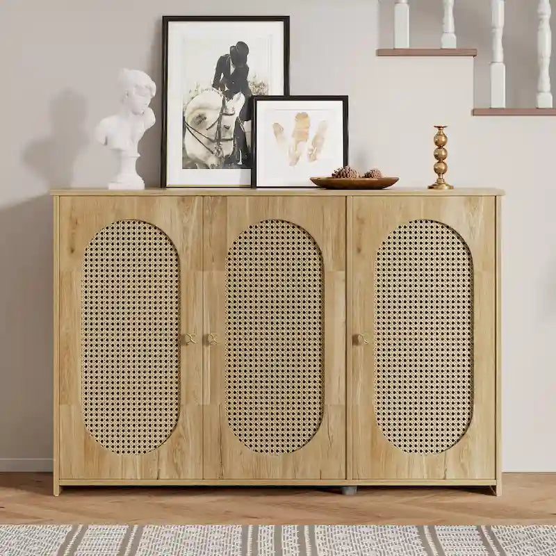 Rattan Doors and Metal Handles Sideboard with Large Storage Space