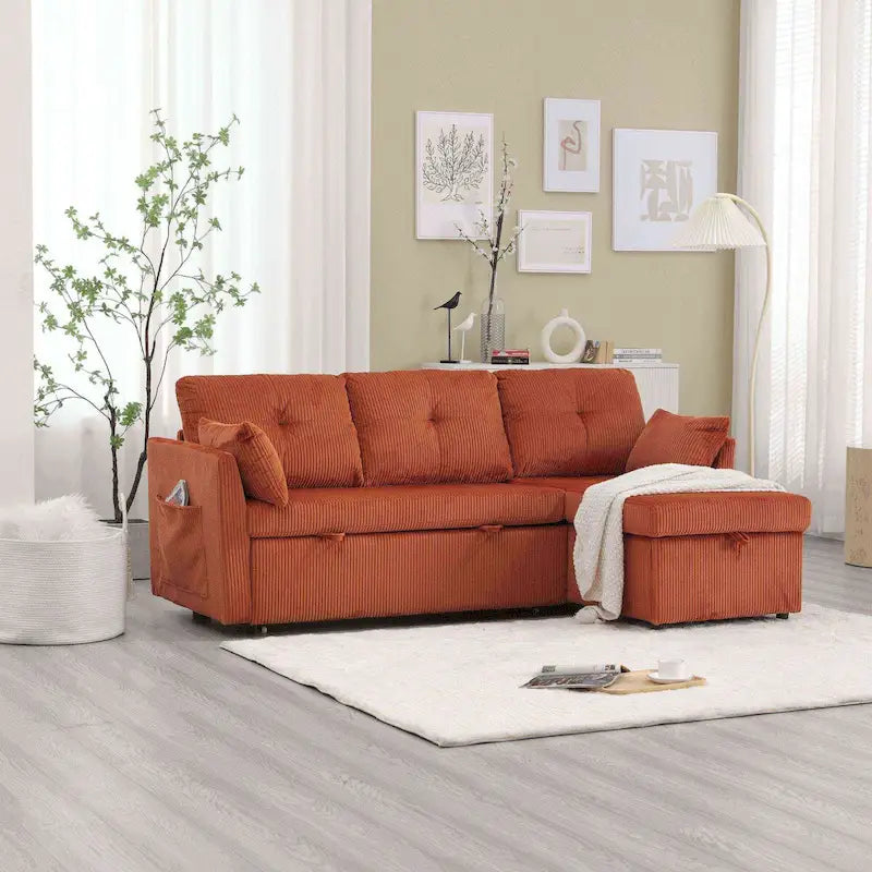 The L-shaped storage seat assembly sofa folds into a recliner