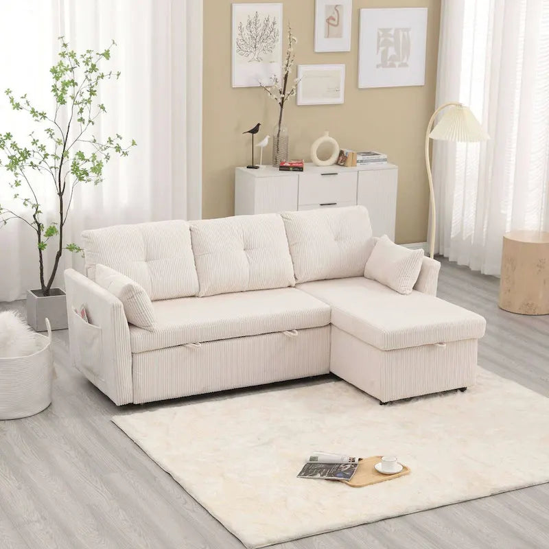 The L-shaped storage seat assembly sofa folds into a recliner