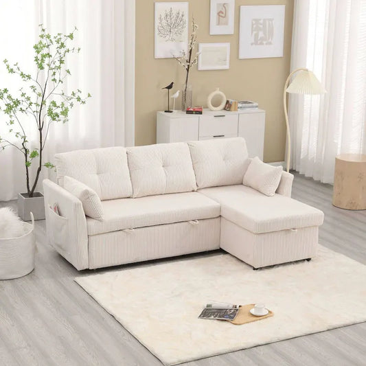 The L-shaped storage seat assembly sofa folds into a recliner