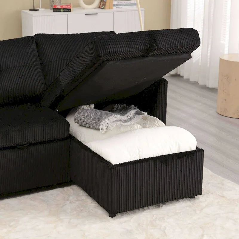 The L-shaped storage seat assembly sofa folds into a recliner