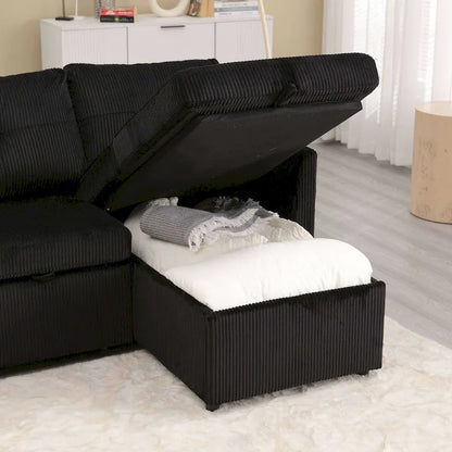 The L-shaped storage seat assembly sofa folds into a recliner