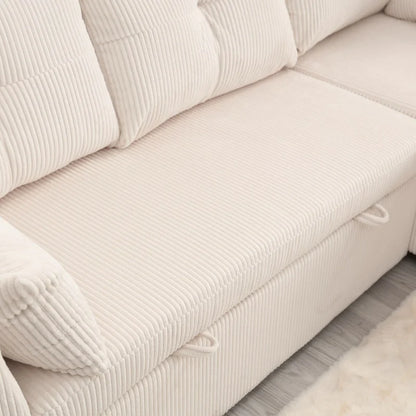 The L-shaped storage seat assembly sofa folds into a recliner