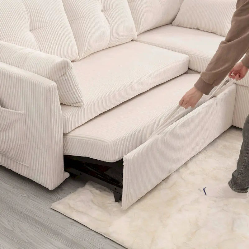 The L-shaped storage seat assembly sofa folds into a recliner