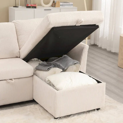 The L-shaped storage seat assembly sofa folds into a recliner