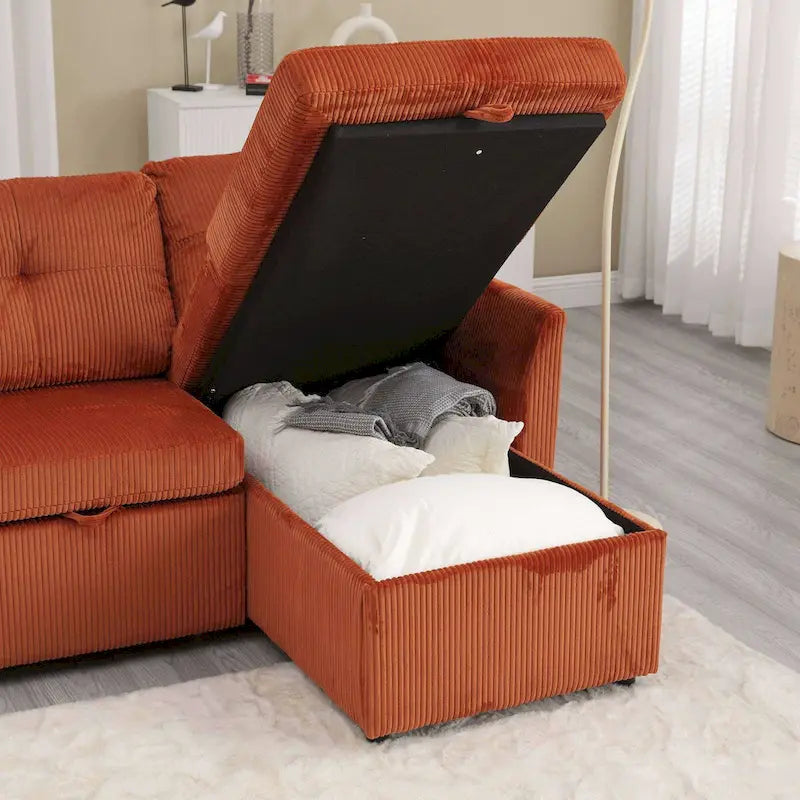 The L-shaped storage seat assembly sofa folds into a recliner