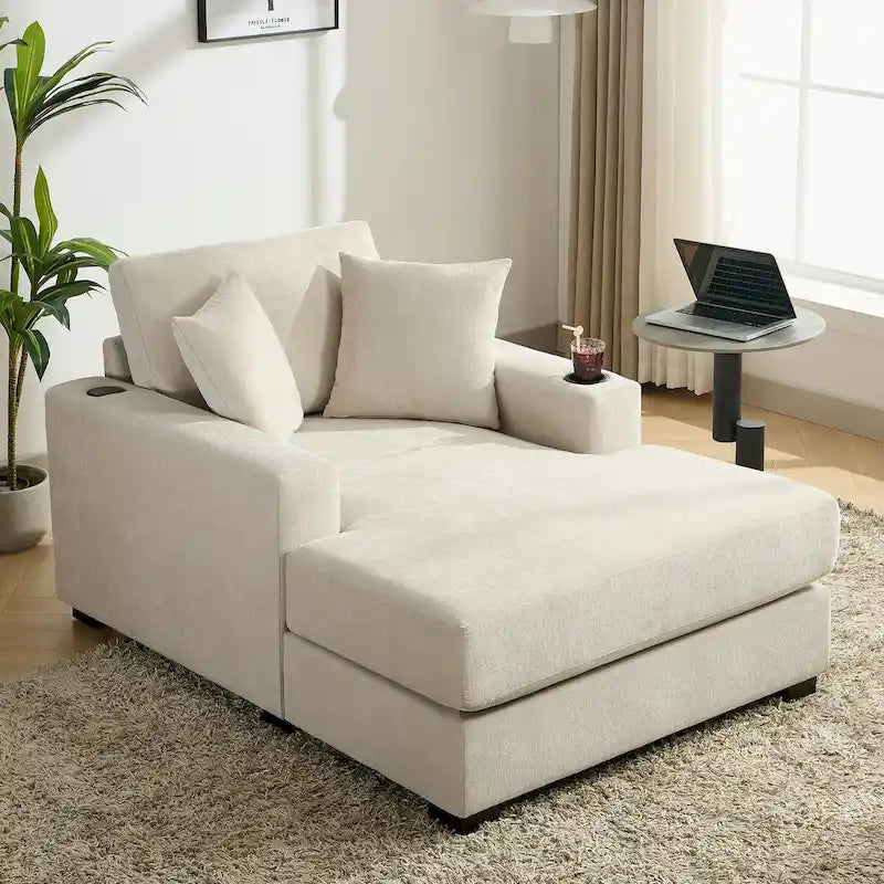 43.5  Chenille Fabric Chaise Lounger Sofa Couch with Pillows, Charge Station & Cup Holders