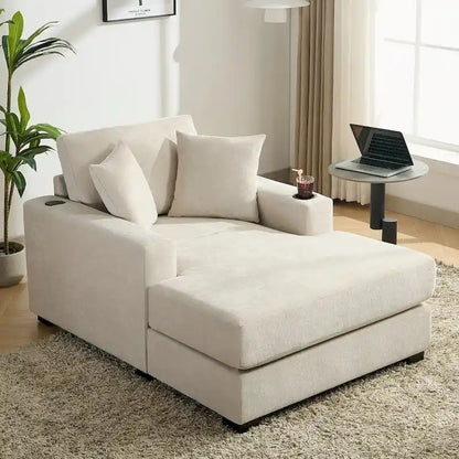 43.5  Chenille Fabric Chaise Lounger Sofa Couch with Pillows, Charge Station & Cup Holders
