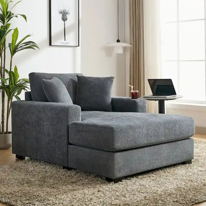 43.5  Chenille Fabric Chaise Lounger Sofa Couch with Pillows, Charge Station & Cup Holders
