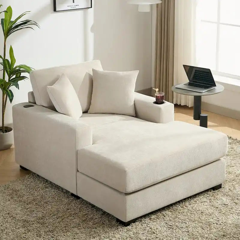 43.5  Chenille Fabric Chaise Lounger Sofa Couch with Pillows, Charge Station & Cup Holders