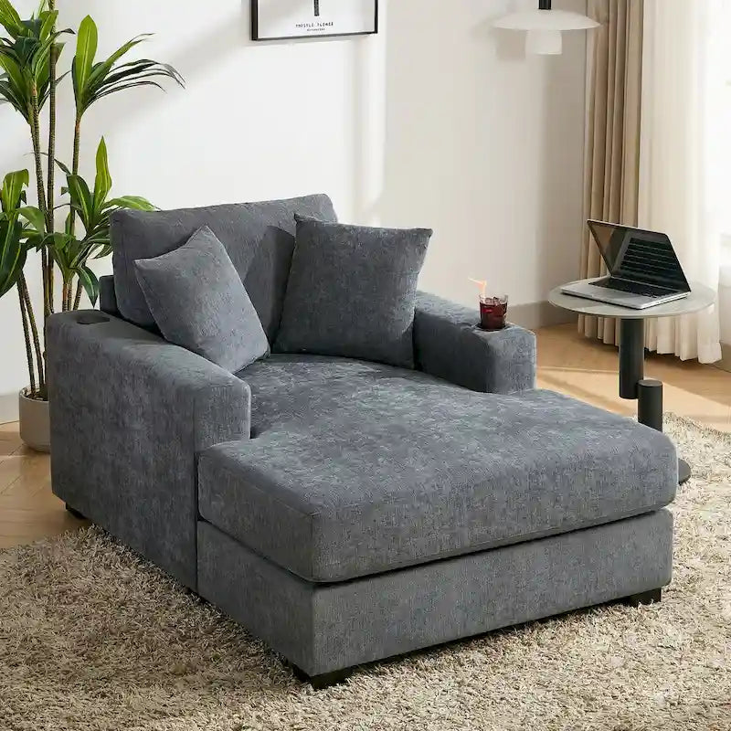 43.5  Chenille Fabric Chaise Lounger Sofa Couch with Pillows, Charge Station & Cup Holders