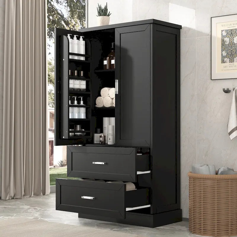 Mobiletto alto da bagno, Armadietto con due ante e cassetti, Ripiano regolabile, Pannello in MDF