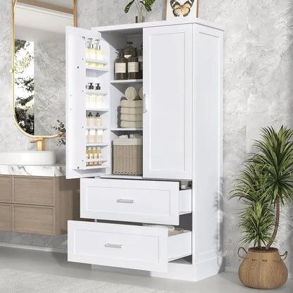 Mobiletto alto da bagno, Armadietto con due ante e cassetti, Ripiano regolabile, Pannello in MDF