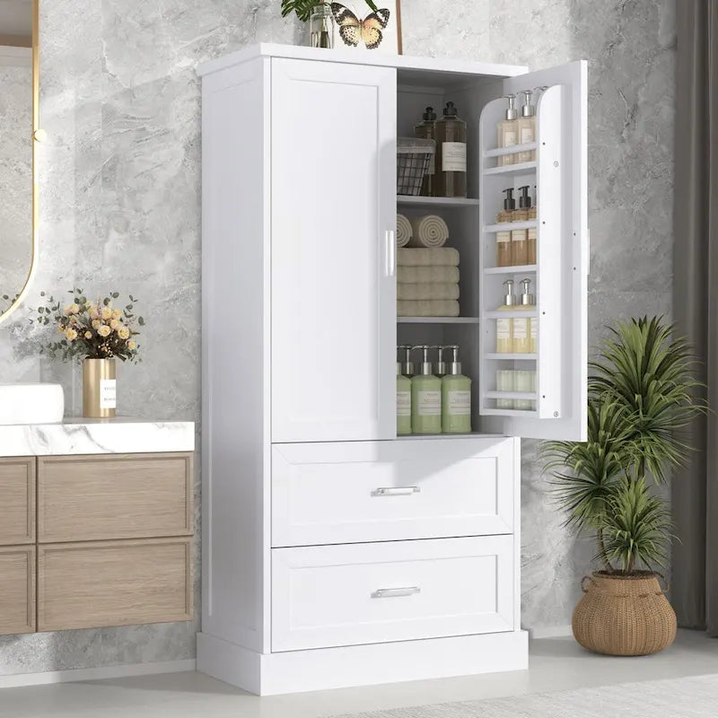 Mobiletto alto da bagno, Armadietto con due ante e cassetti, Ripiano regolabile, Pannello in MDF
