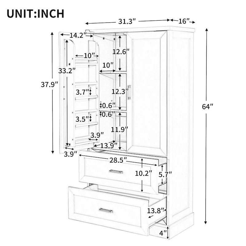 Mobiletto alto da bagno, Armadietto con due ante e cassetti, Ripiano regolabile, Pannello in MDF