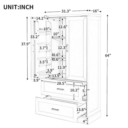 Mobiletto alto da bagno, Armadietto con due ante e cassetti, Ripiano regolabile, Pannello in MDF